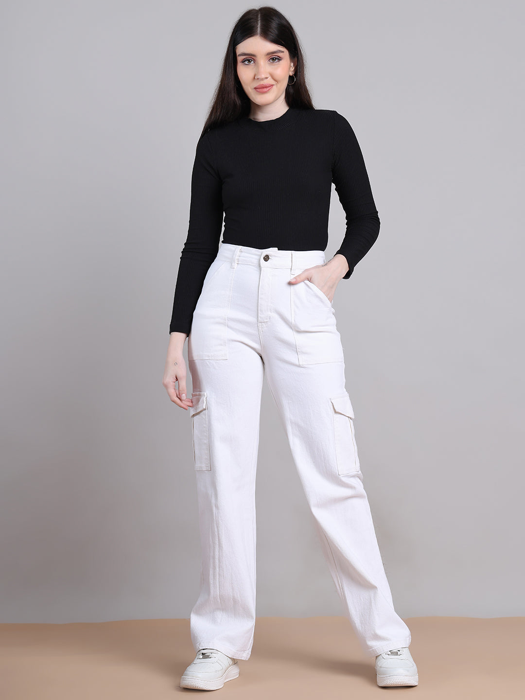 PUELLA Women White High-Rise Cargo Wide-Leg Jeans