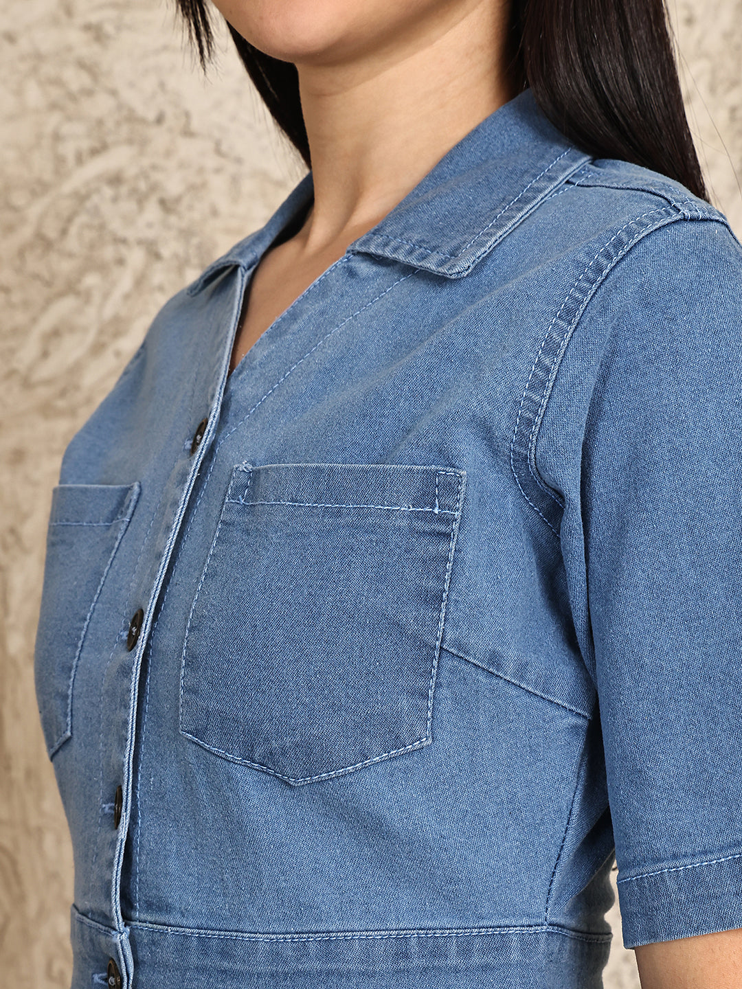 PUELLA Women’s Denim Button-Down Shirt Collar Mini Dress with Pockets – Blue Bodycon Casual Wear