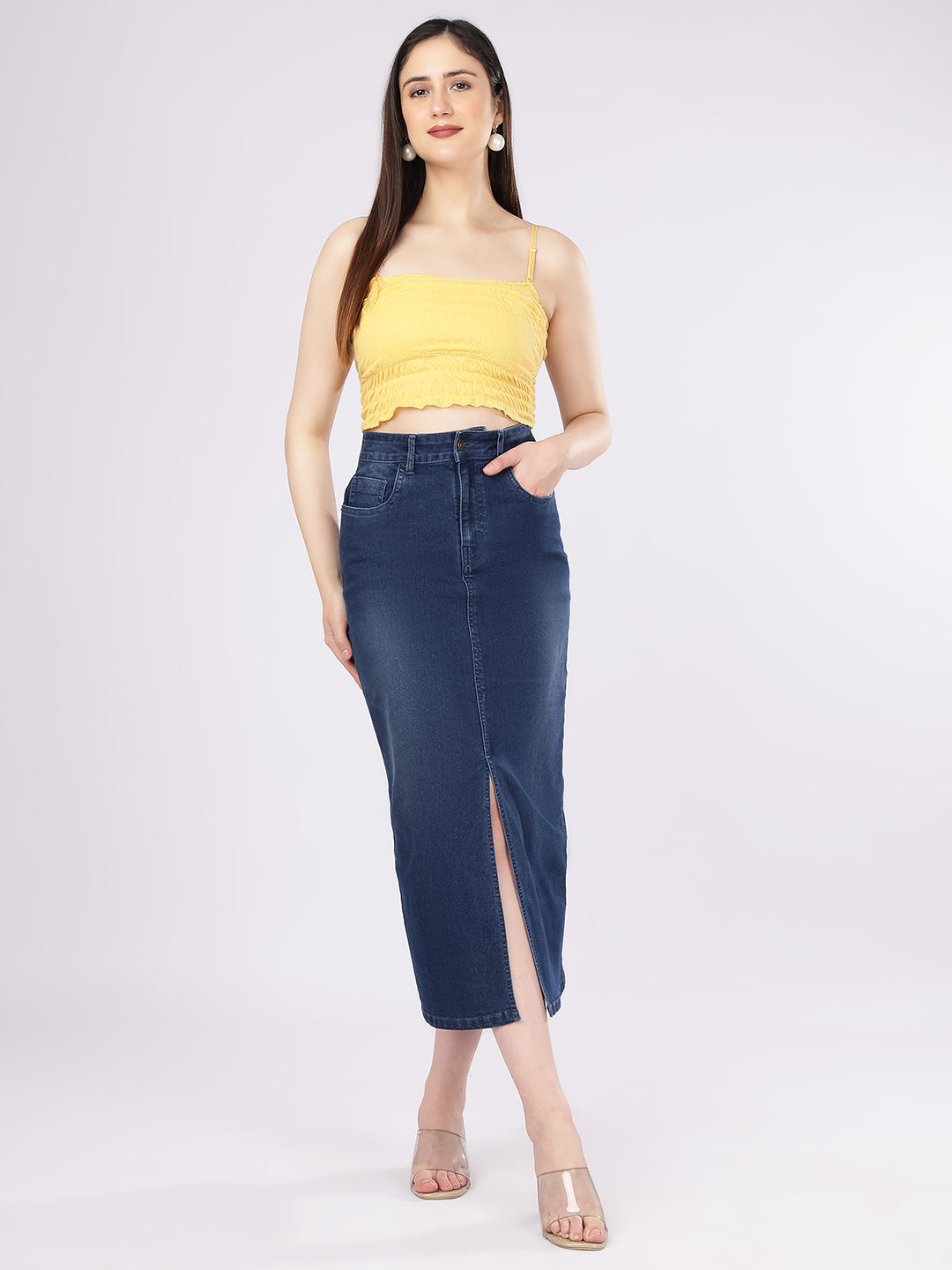 Women’s Dark Blue High-Rise Denim Straight Skirt with Front Slit