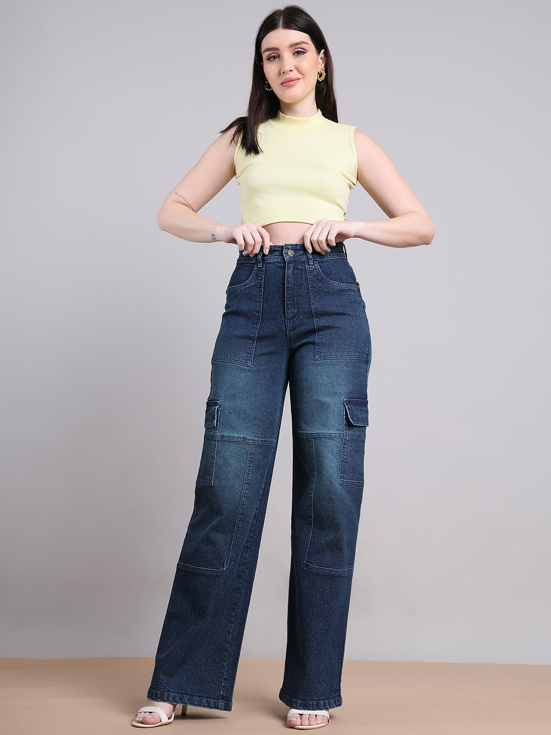 PUELLA Women Dark Indigo High-Rise Utility Cargo Wide-Leg Jeans