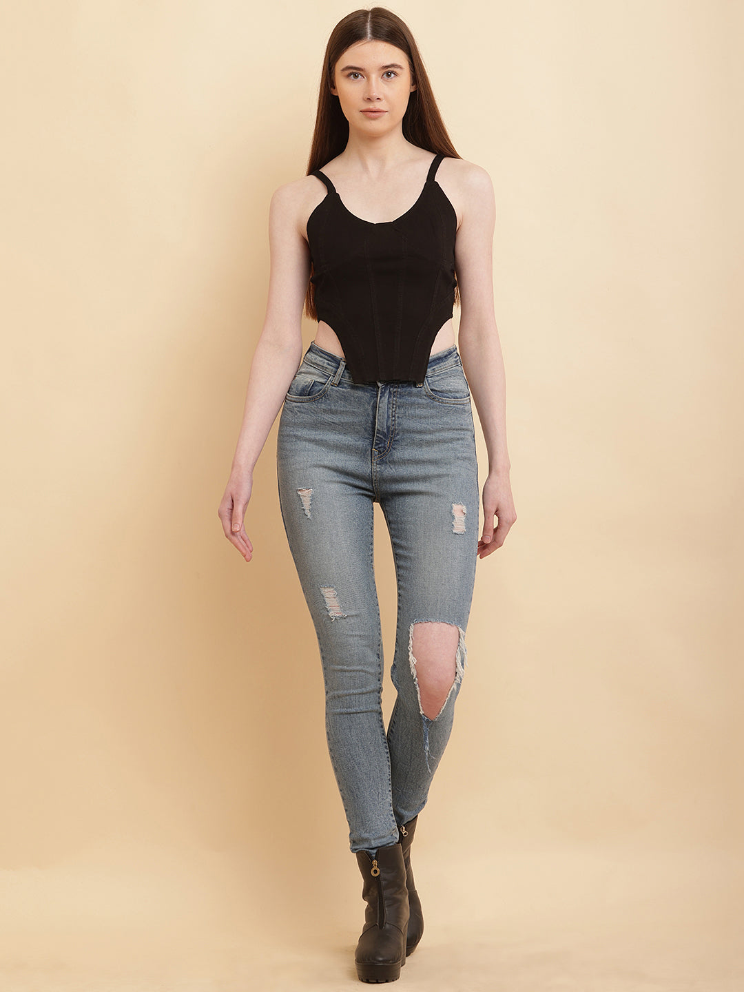 PUELLA Women’s Black Denim Corset Crop Top with Spaghetti Straps