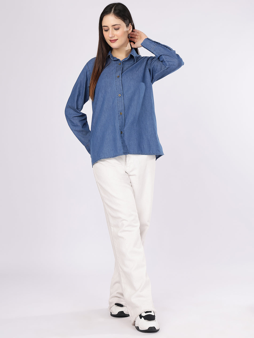 Women’s Blue Relaxed Fit Solid Denim Shirt