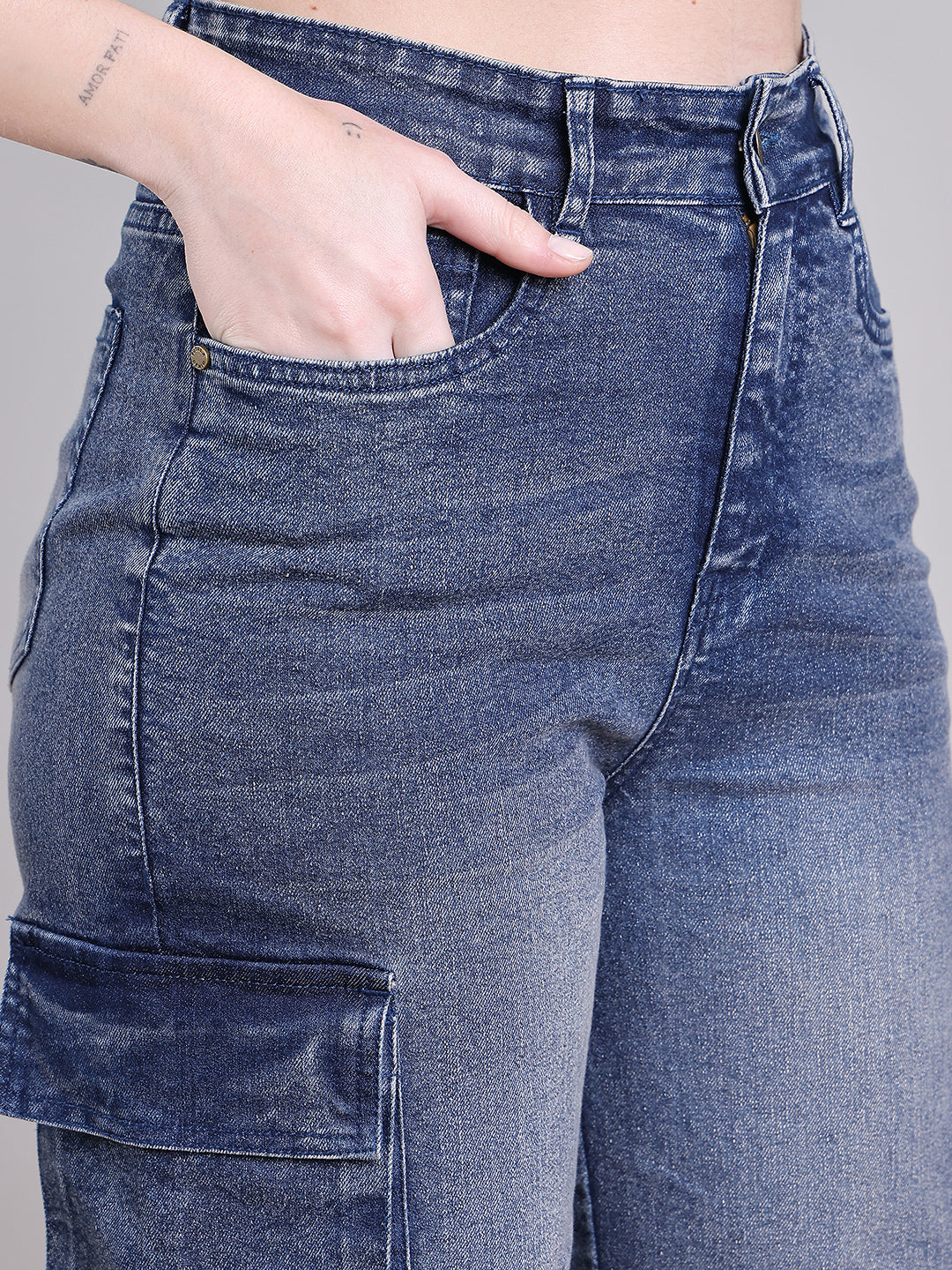 PUELLA Women Dark Blue High-Rise Multi-Pocket Cargo Wide-Leg Jeans