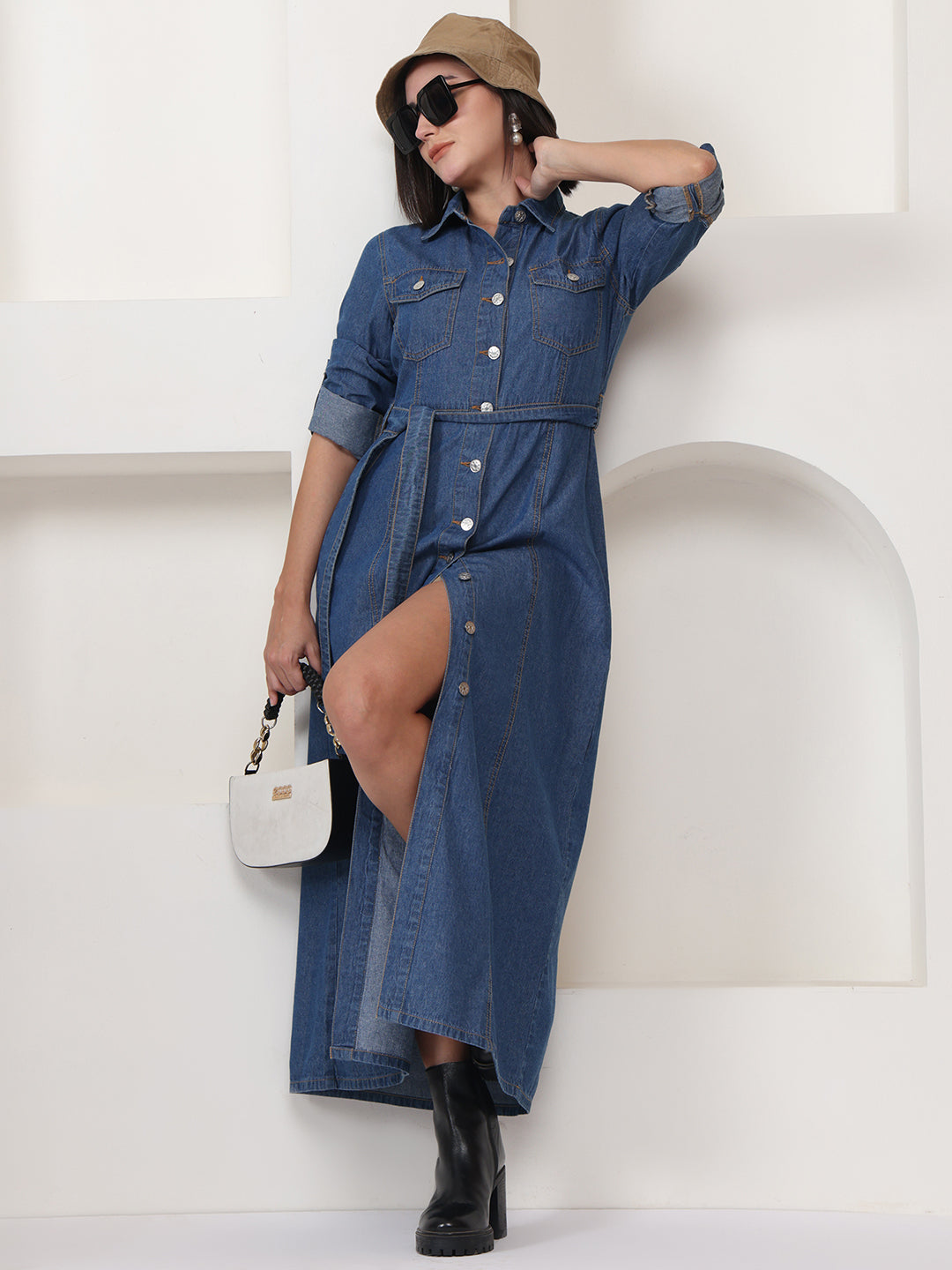 PUELLA Blue Solid Denim Shirt Maxi Dress