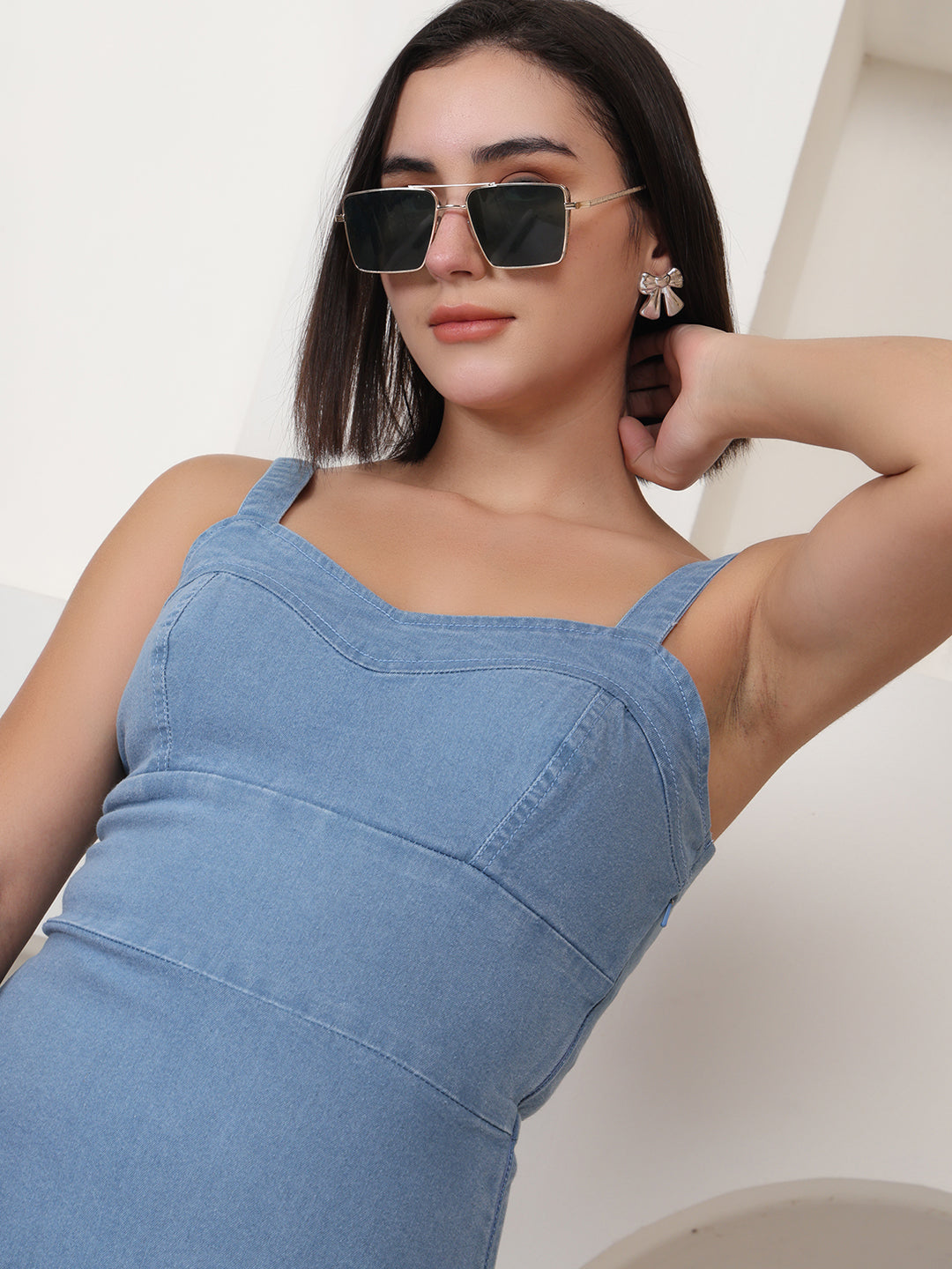 PUELLA Light Blue Solid Denim Fit & Flare Mini Dress