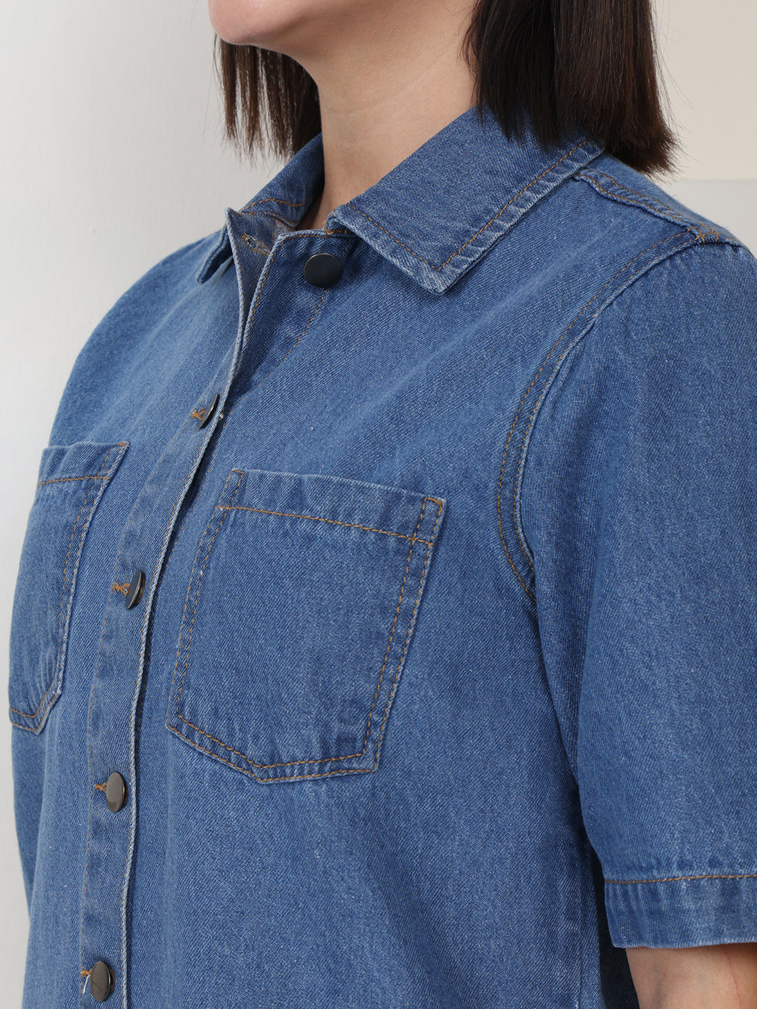 PUELLA Women Blue Denim Relaxed Fit Short Sleeve Shirt