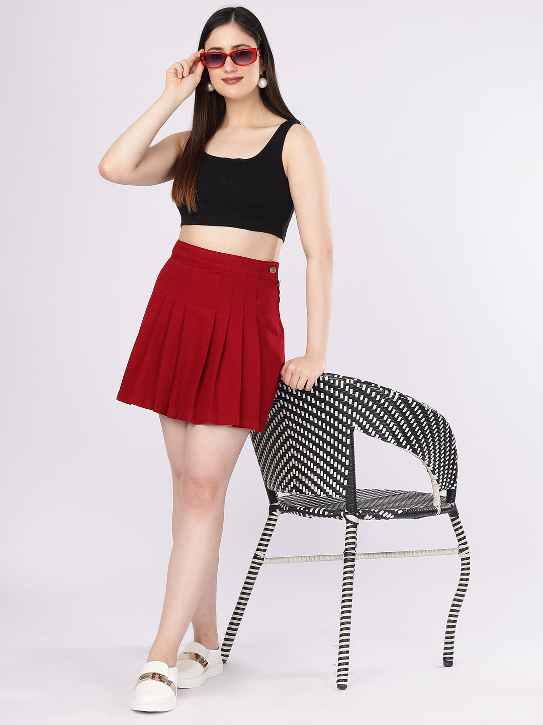 Women’s Maroon Pleated Denim Mini Skirt