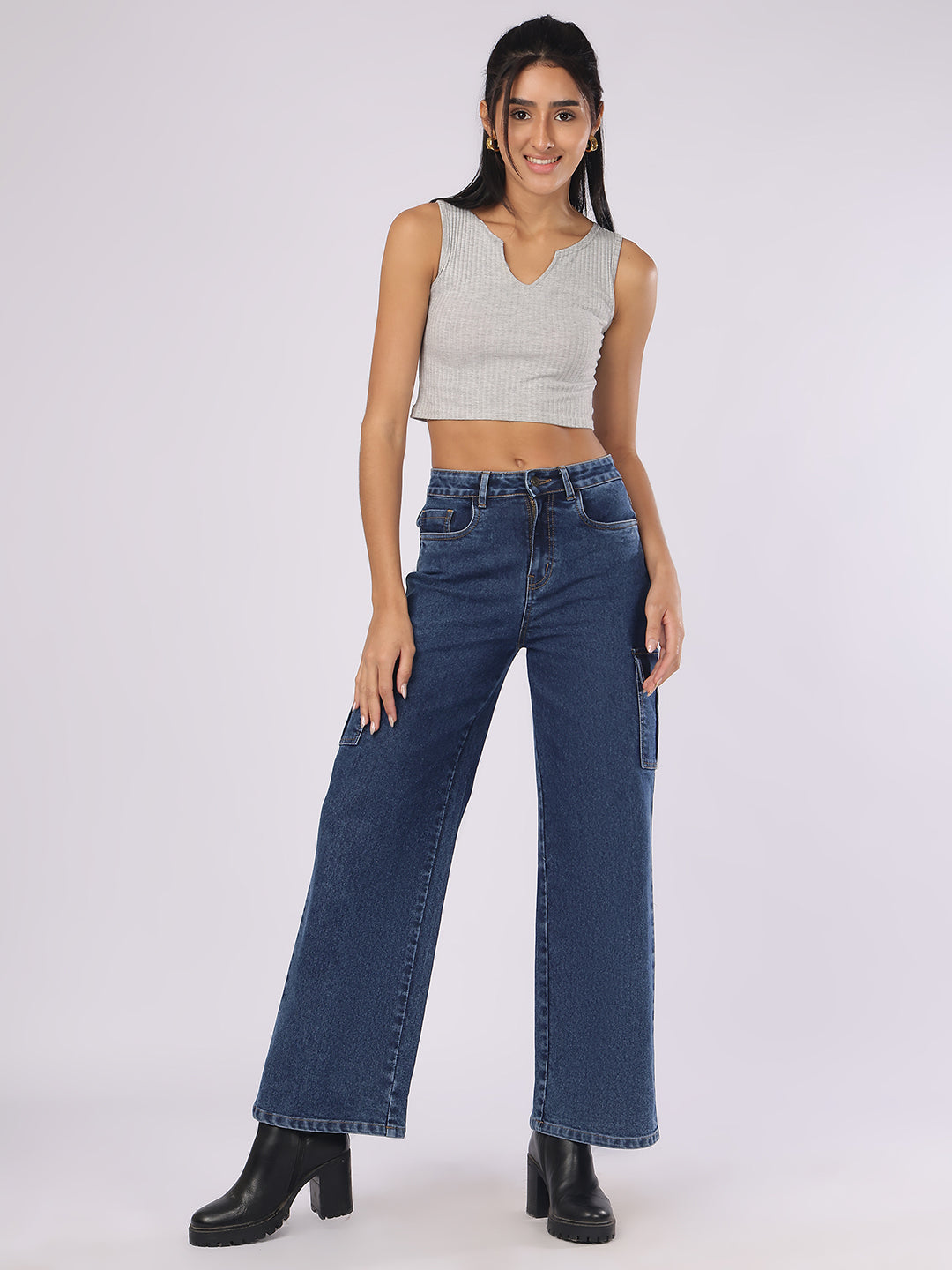 Women’s Dark Blue Straight Fit Cargo Denim Jeans