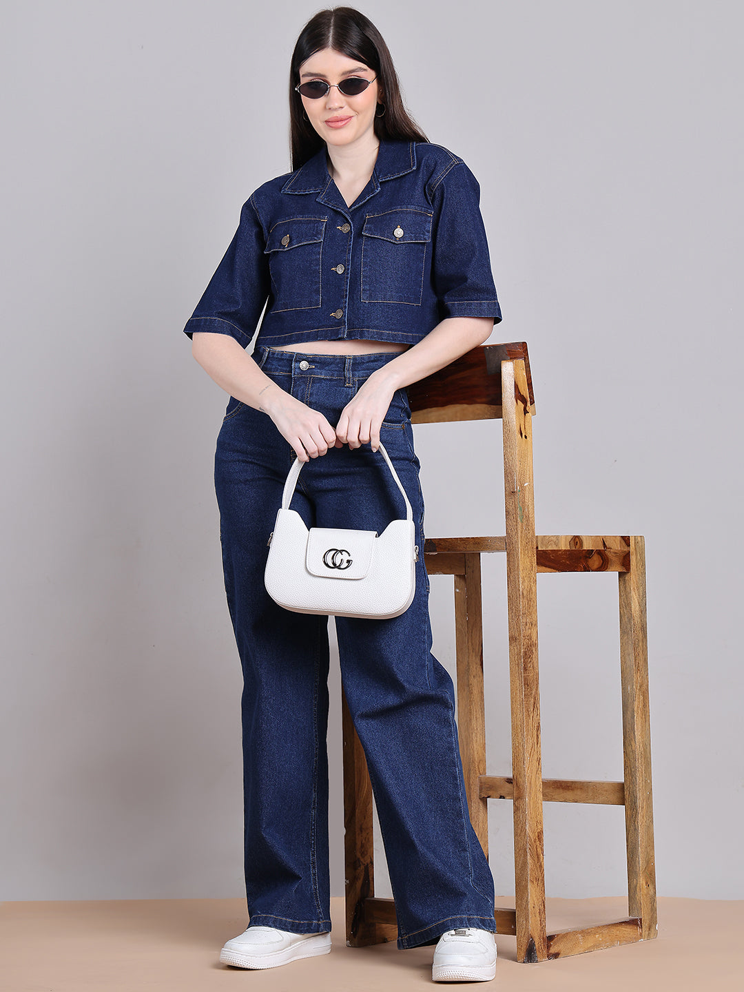 PUELLA Women’s Denim Crop Jacket with Half Sleeves & Button Closure