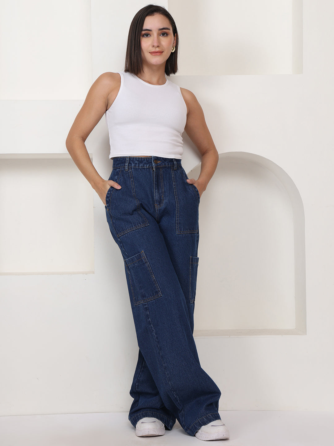 PUELLA Women Dark Blue High-Rise Baggy Cargo Jeans