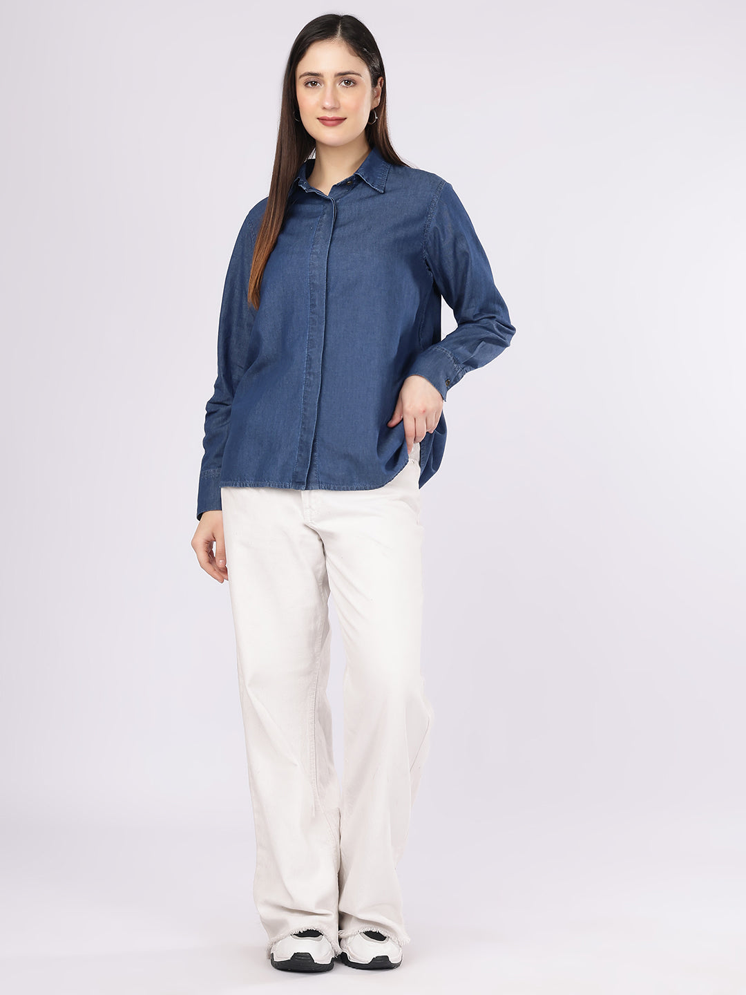 Women’s Blue Relaxed Fit Hidden Placket Denim Shirt