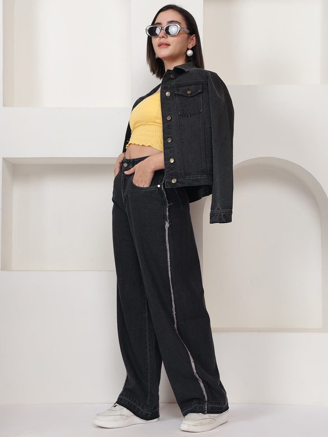 PUELLA Women Dark Black High-Rise Wide Leg Jeans with Light Fade & Raw Side Detailing