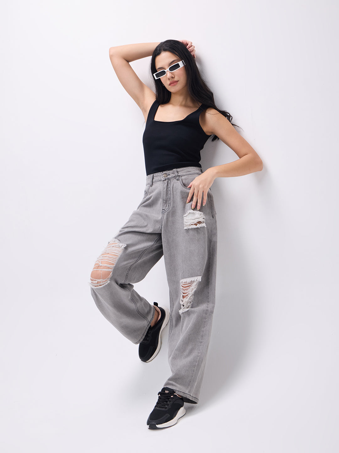 PUELLA Women High-Rise Grey Distressed Wide-Leg Jeans