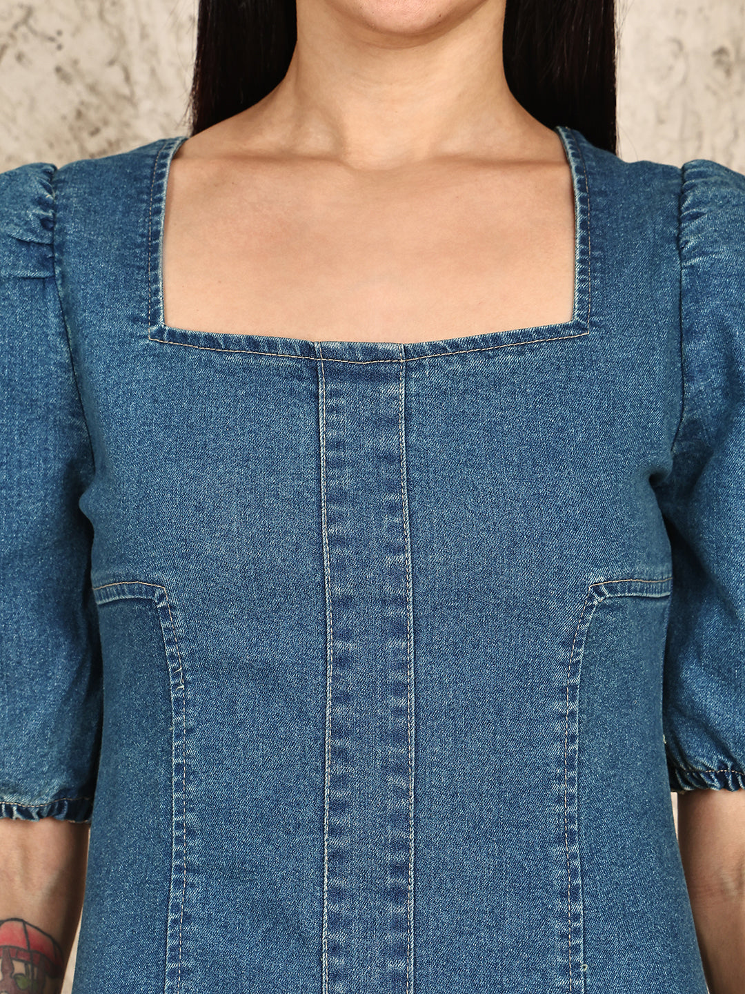 PUELLA Women’s Denim A-Line Mini Dress with Puff Sleeves & Square Neck