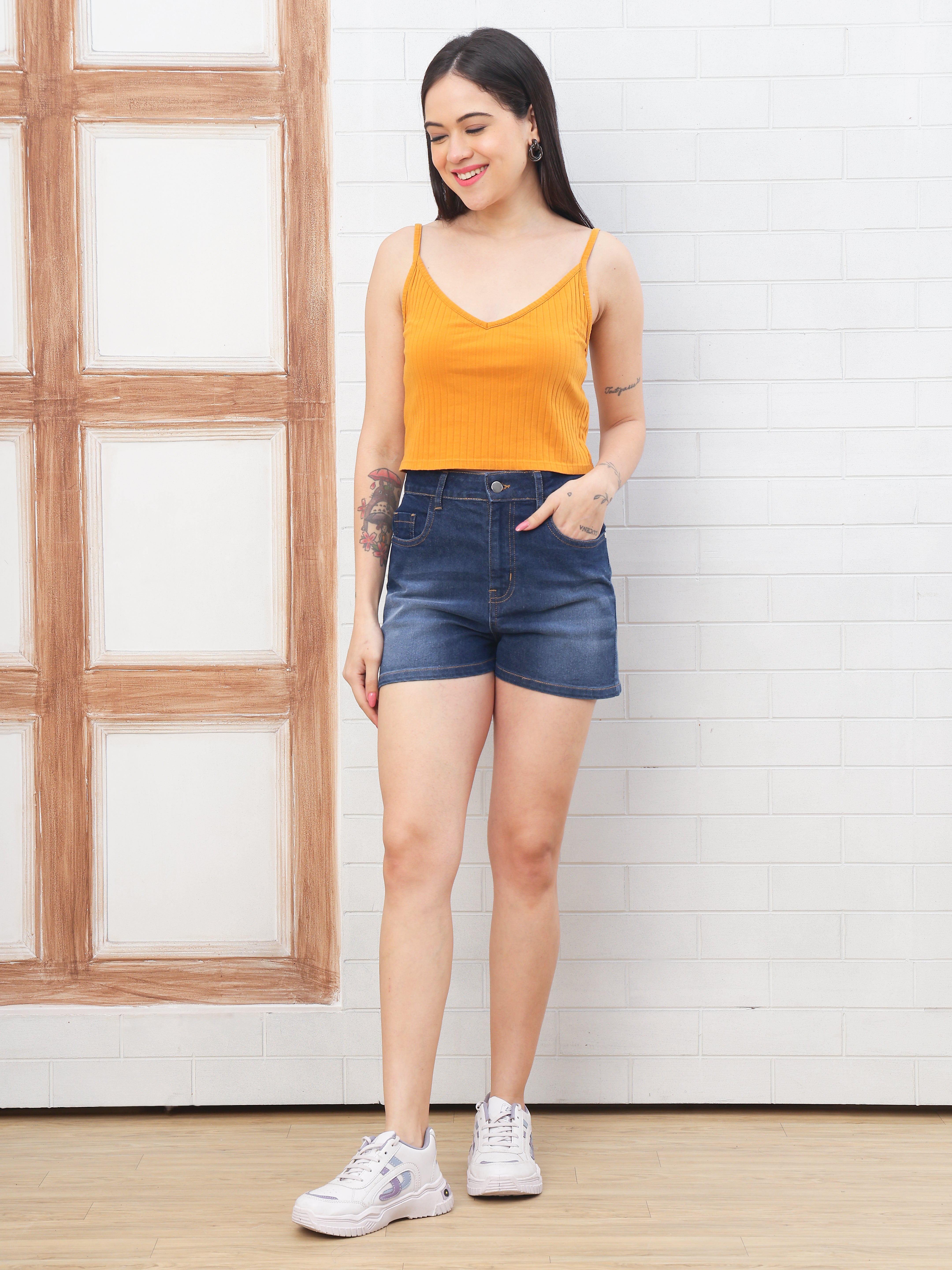 Dozer Dark Blue High-Rise Stretch Denim Shorts
