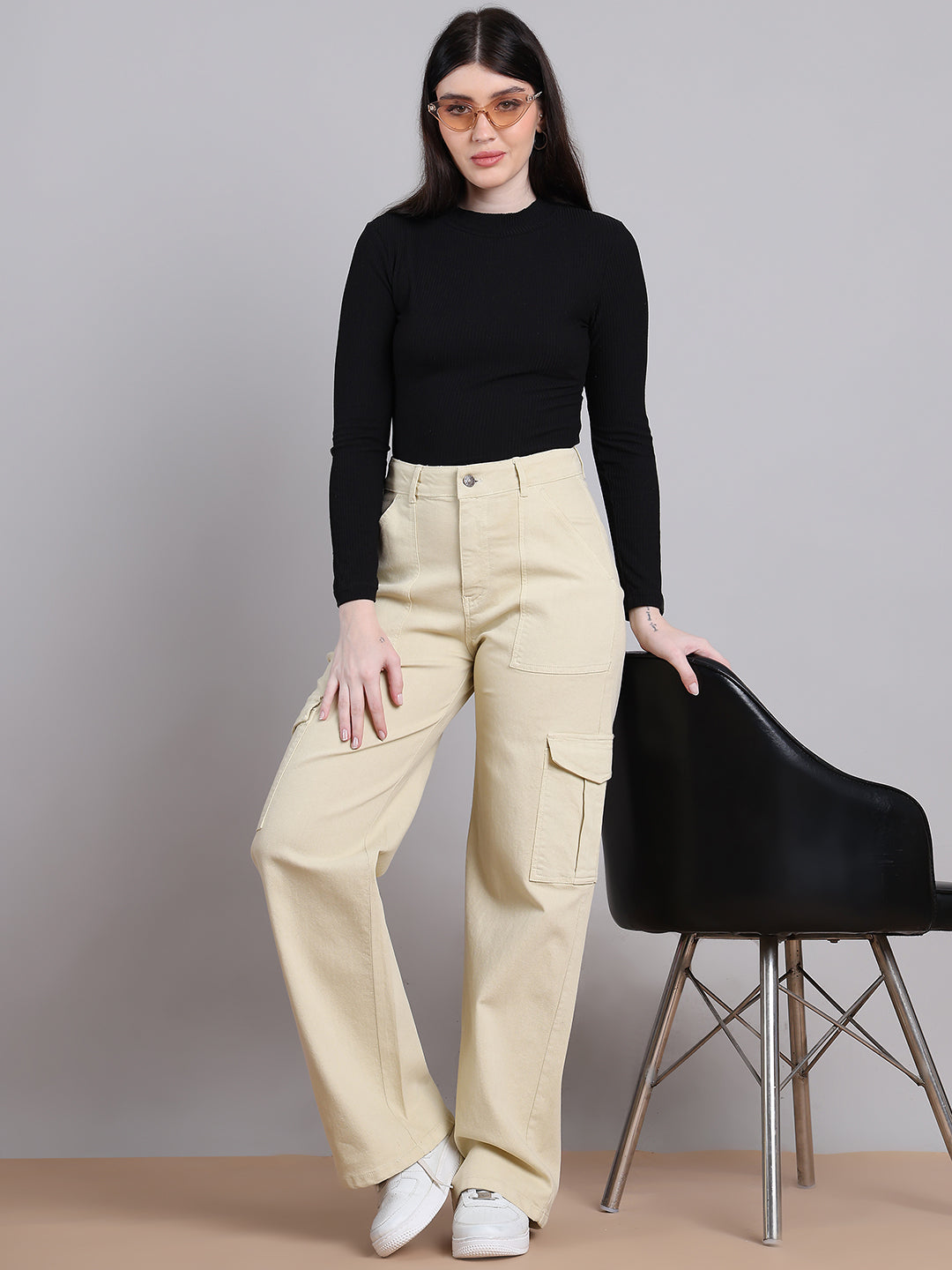PUELLA Women Beige High-Rise Cargo Wide-Leg Jeans