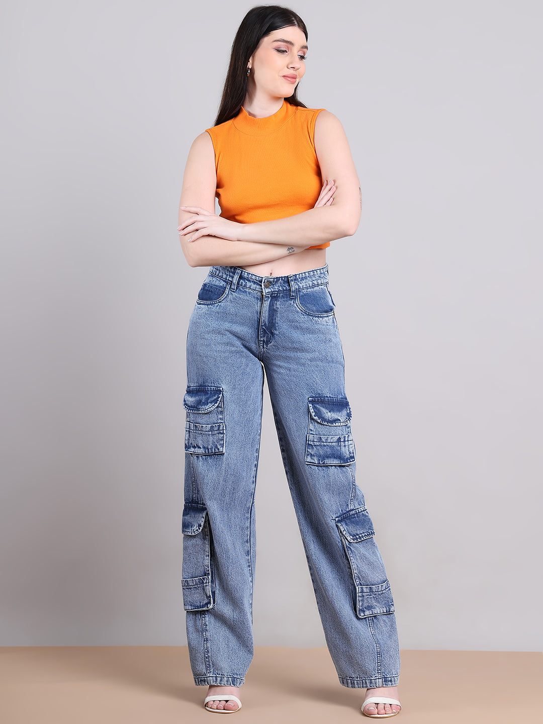 PUELLA Women Light Blue Multi-Pocket Cargo Wide-Leg Jeans