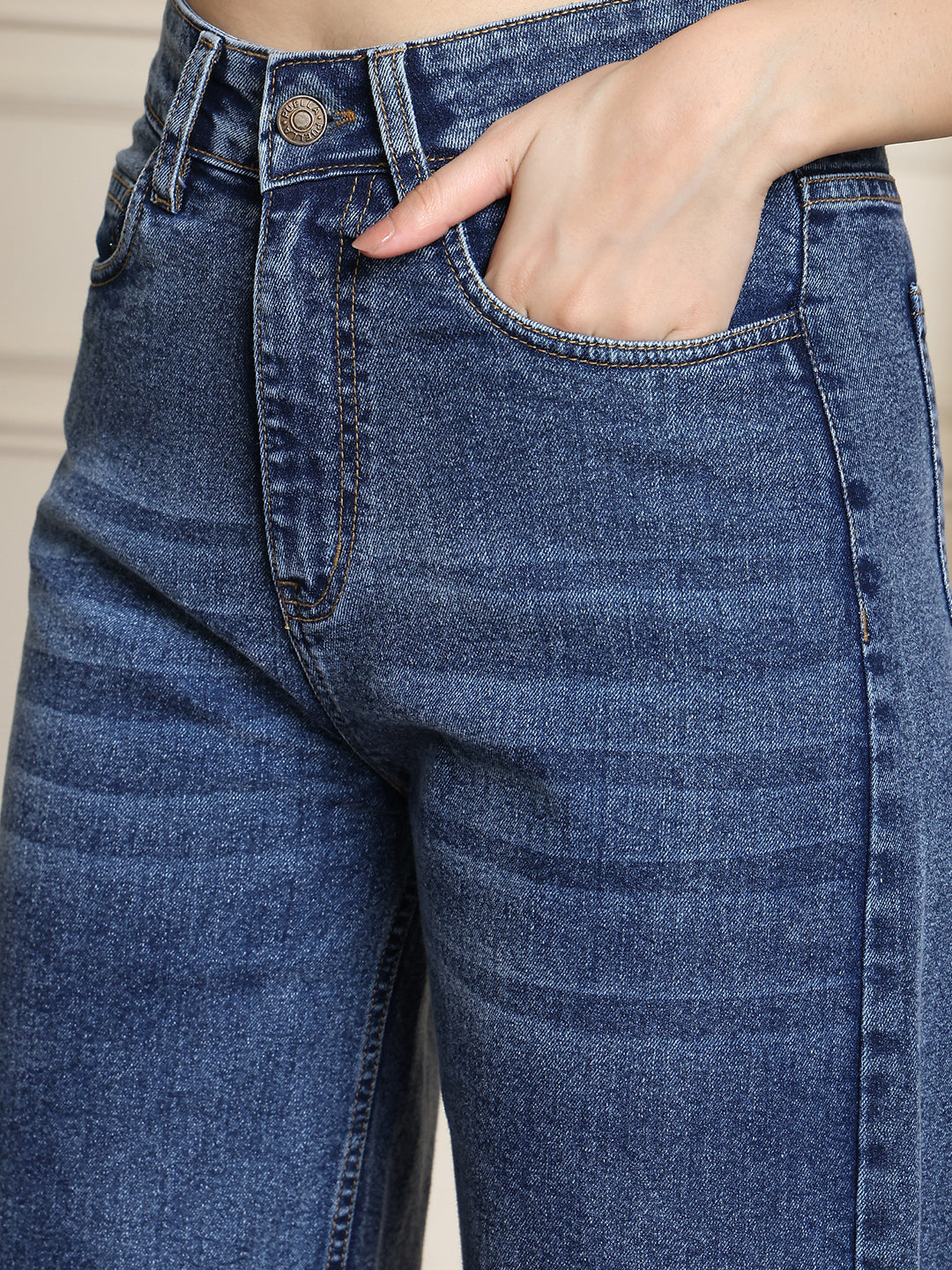 PUELLA Women Mid-Blue High-Rise Wide-Leg Jeans with Frayed Hem