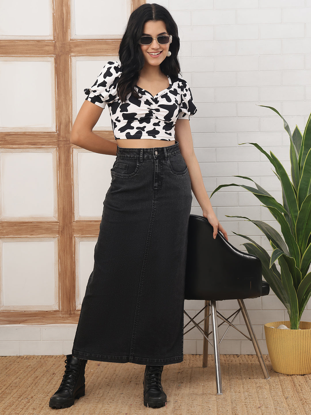 Women’s Black Charcoal Longline Denim Skirt