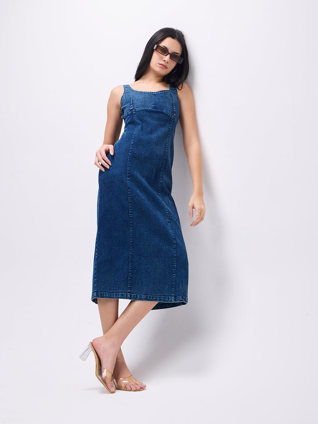 PUELLA Women’s Blue Denim Bodycon Midi Dress with Back Slit