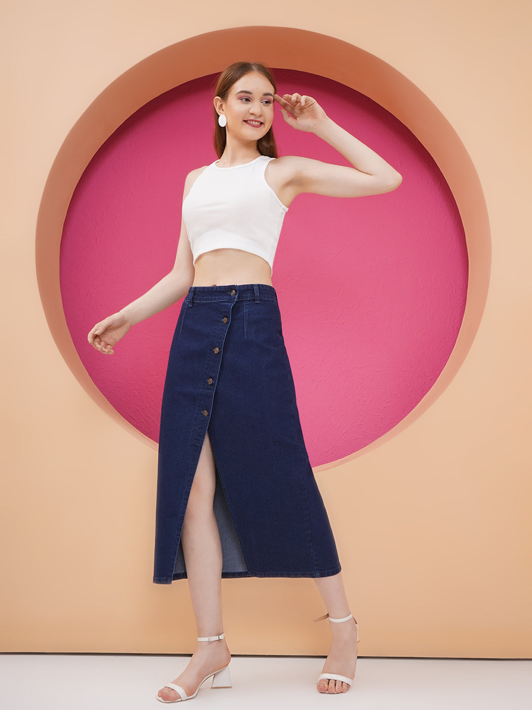 PUELLA Women’s Dark Blue High-Rise Midi Denim Skirt with Front Slit & Button Detailing