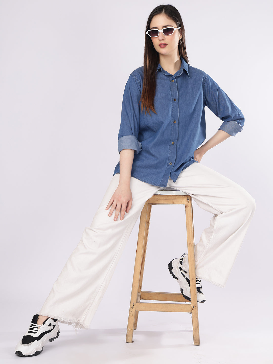 Women’s Blue Relaxed Fit Solid Denim Shirt