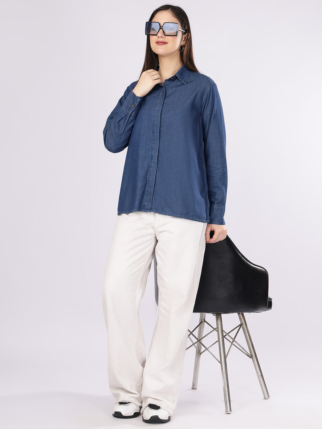 Women’s Blue Relaxed Fit Hidden Placket Denim Shirt