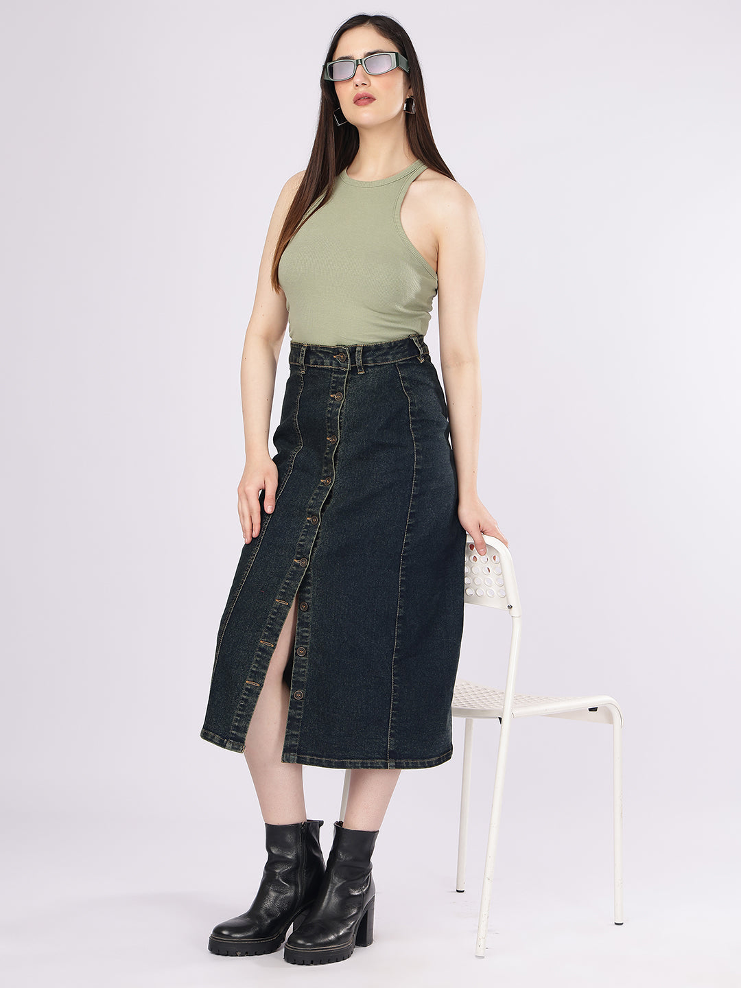 Women’s Dark Wash Paneled Denim Skirt with Front Buttons