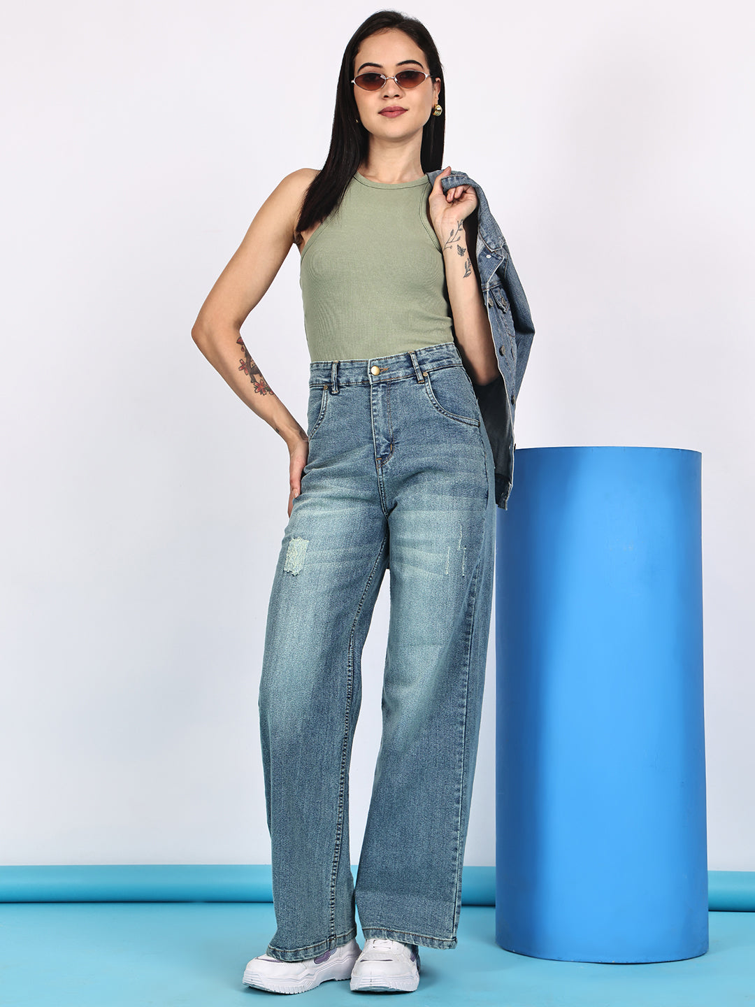 PUELLA Women High-Rise Mid-Blue Distressed Wide-Leg Jeans
