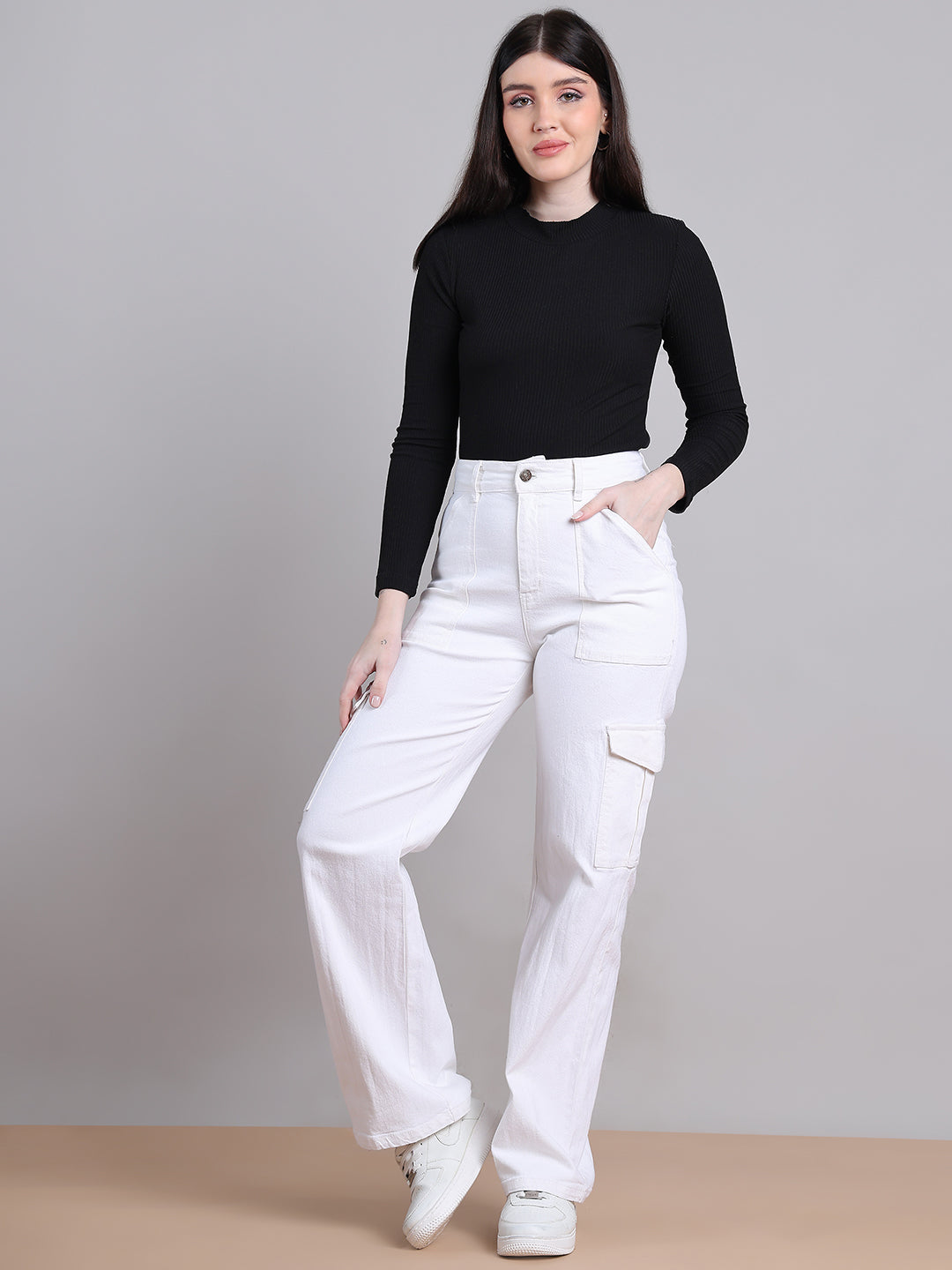 PUELLA Women White High-Rise Cargo Wide-Leg Jeans