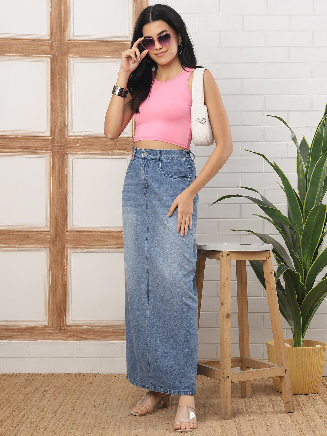 Women’s Mid Blue High-Rise Denim Long Skirt