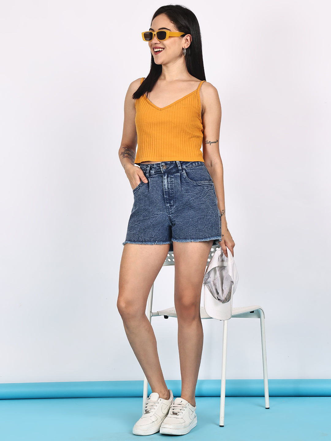 PUELLA Women Blue High-Rise Regular Fit Denim Shorts