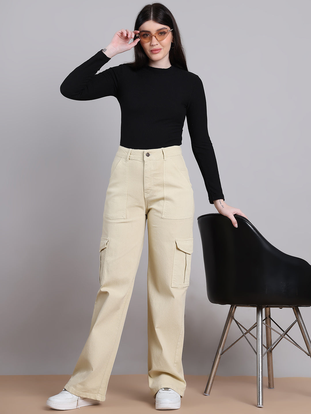 PUELLA Women Beige High-Rise Cargo Wide-Leg Jeans