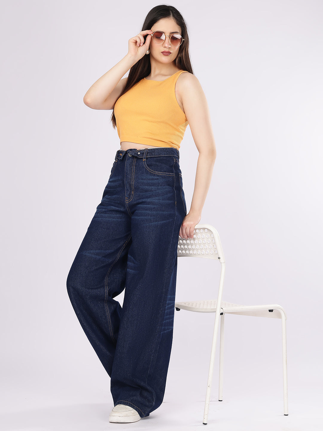 PUELLA Dark Blue Asymmetric Waist Baggy Fit Denim Jeans with Whisker Details