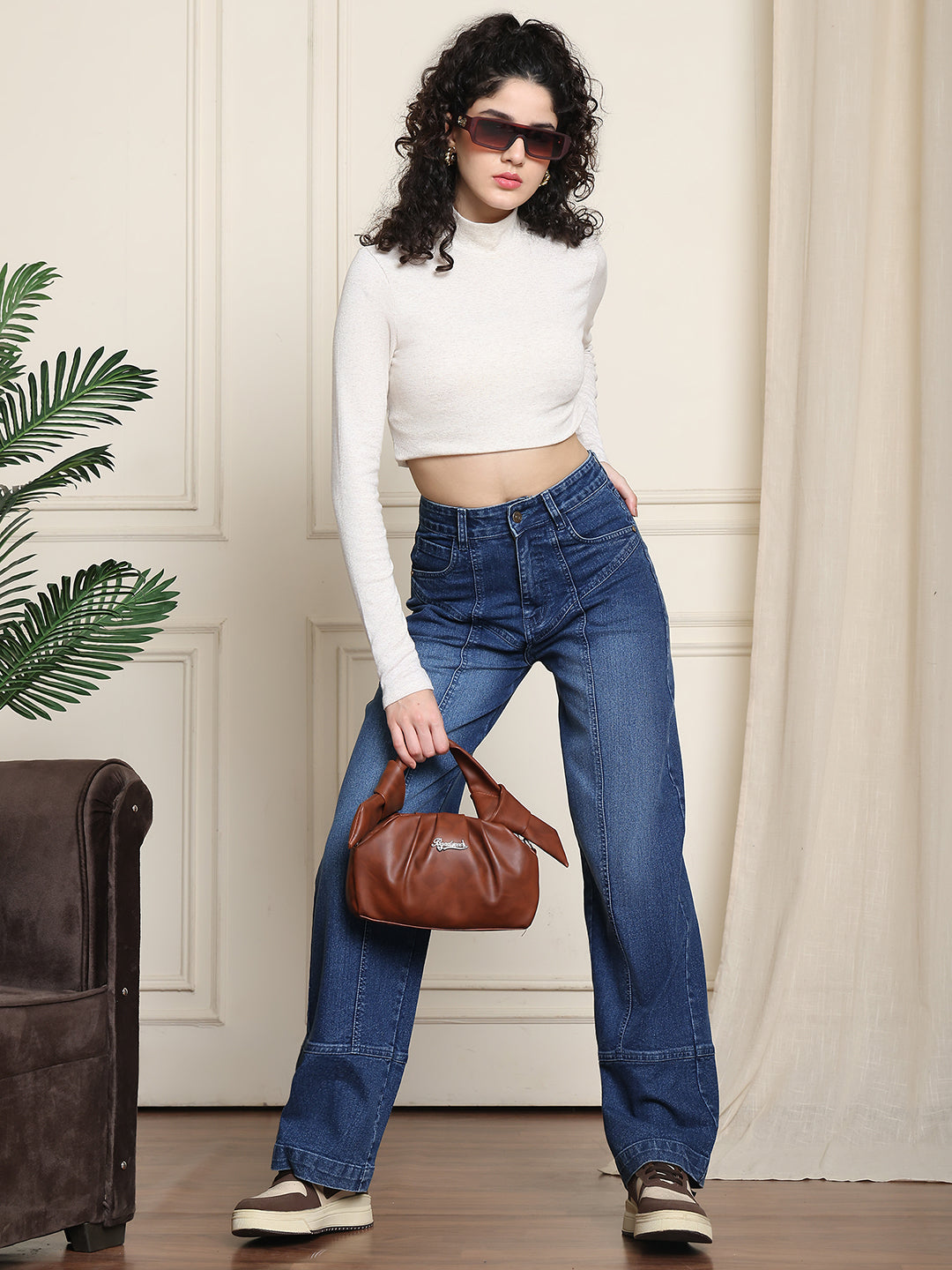 PUELLA Women High-Rise Dark Blue Panelled Wide-Leg Jeans