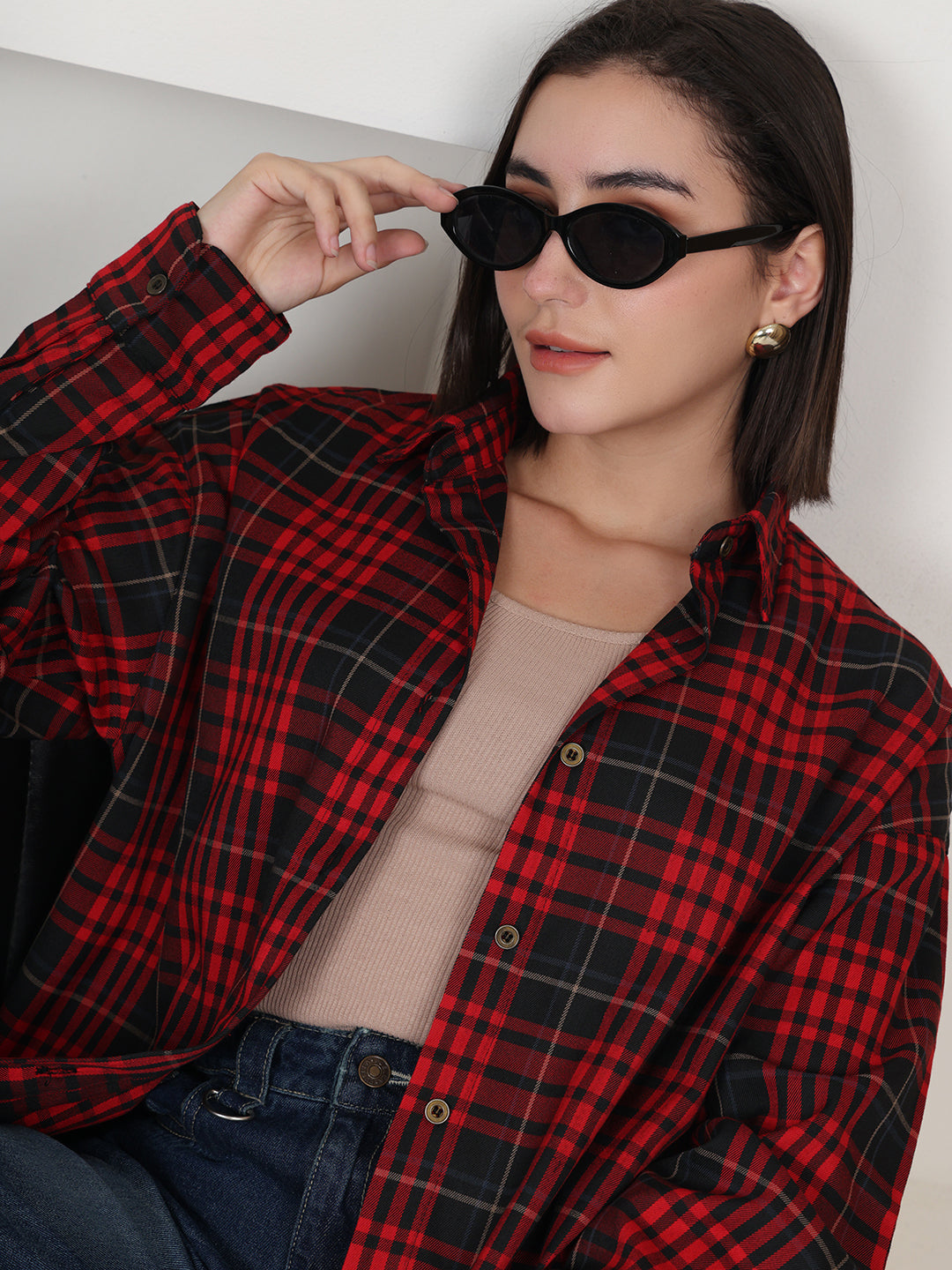 PUELLA Women Red & Black Tartan Checked Relaxed Fit Shirt