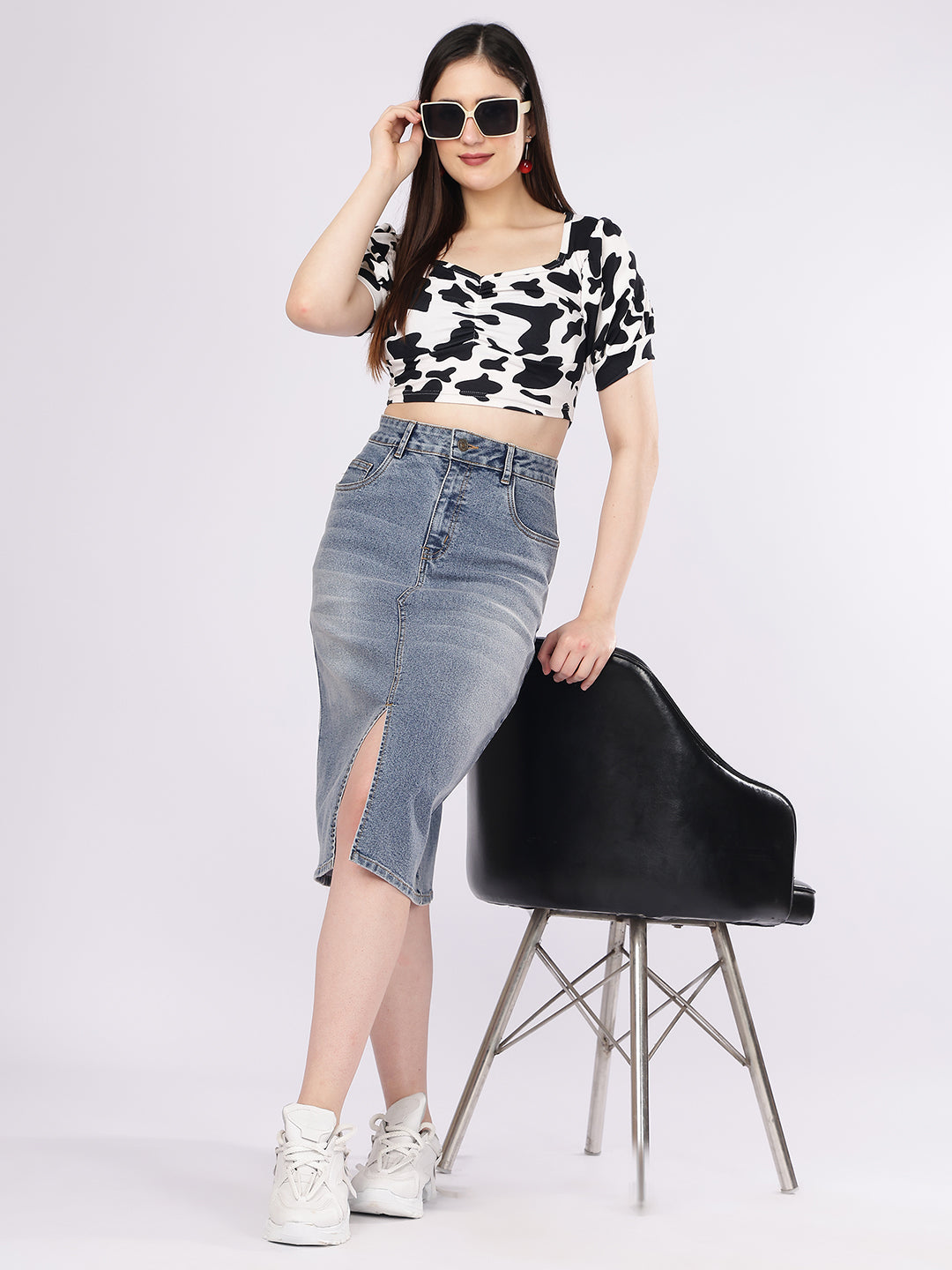 Women’s Mid Blue Denim Pencil Skirt with Front Slit