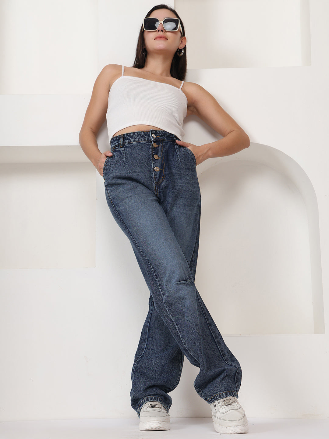 PUELLA Women Medium Blue High-Rise Regular Fit Jeans with Multi-Button Closure