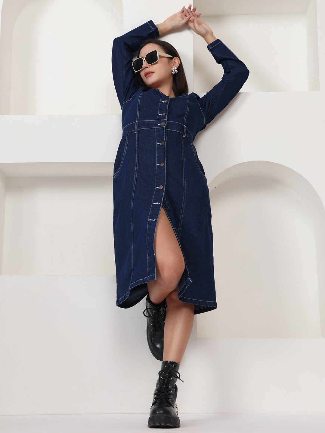 white christmas dresses Camellia Denim Midi Dress with Square Neckline (Small)