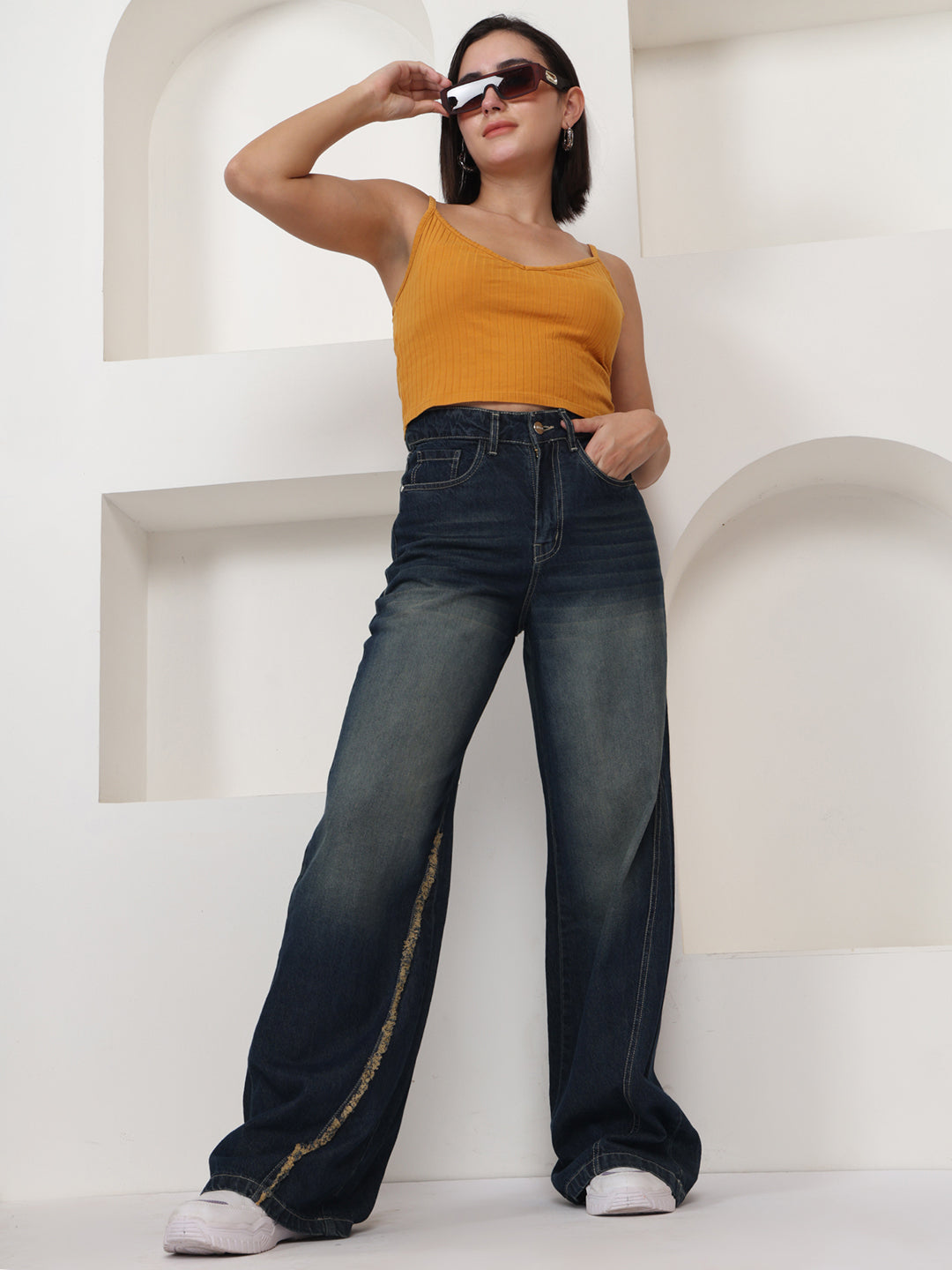 PUELLA Women Dark Blue High-Rise Wide Leg Jeans