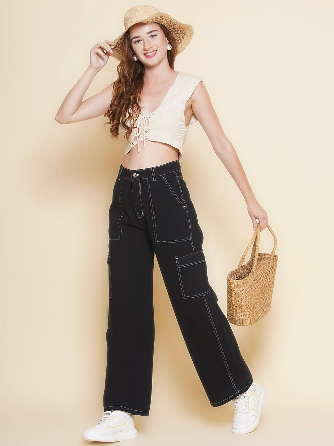 PUELLA Women’s Black Cargo Straight Fit stretchable Jeans with Contrast Stitching – Multi-Pocket Utility Denim