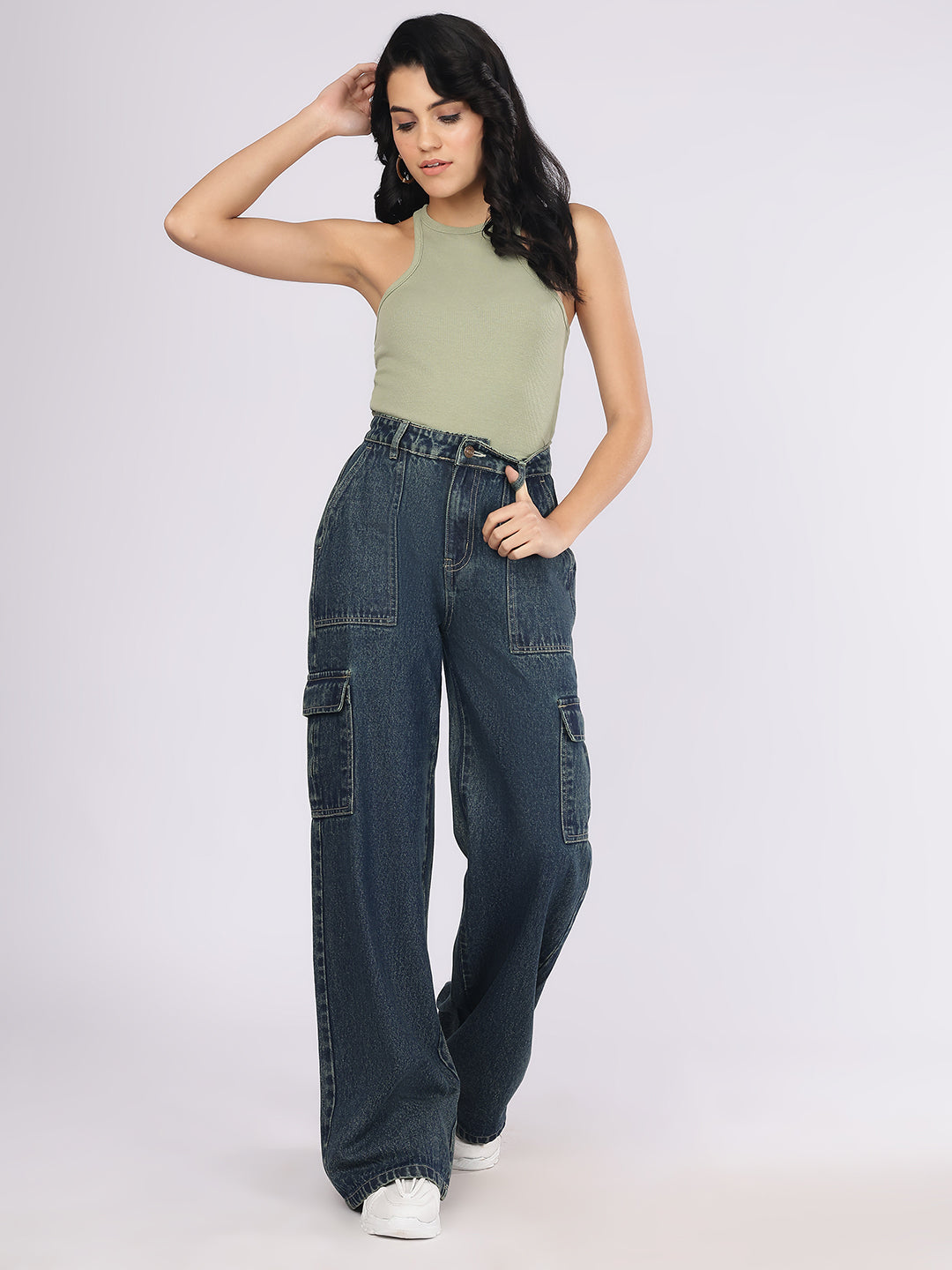 Women’s Dark Blue High-Rise Baggy Cargo Denim Jeans