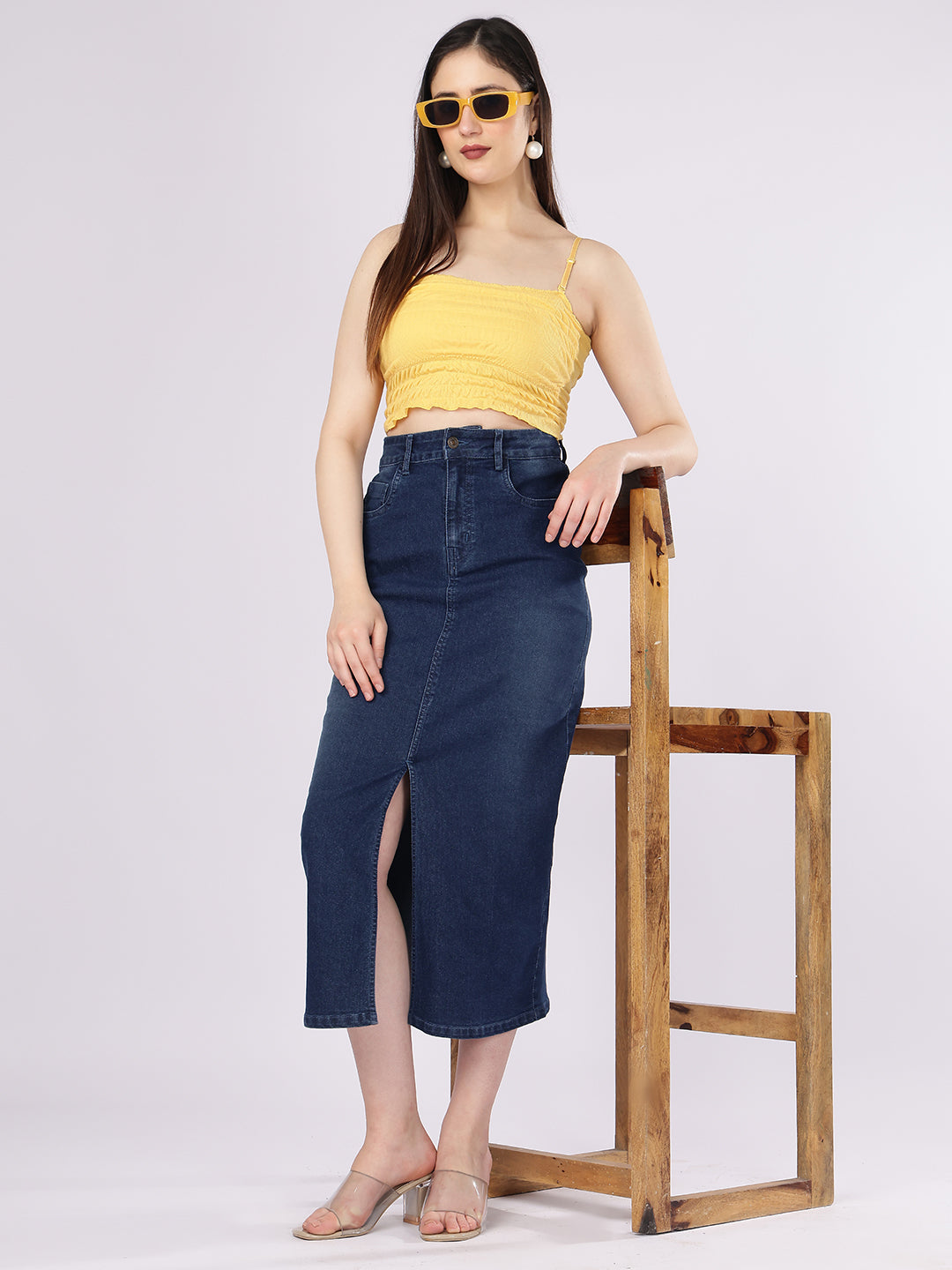 Women’s Dark Blue High-Rise Denim Straight Skirt with Front Slit