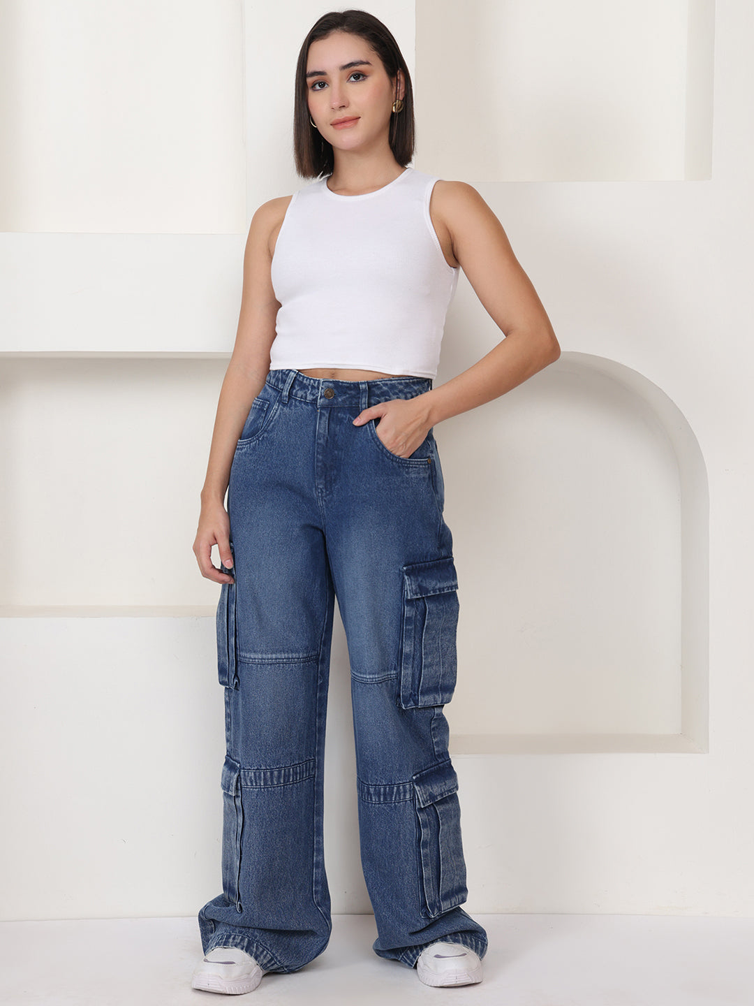 PUELLA Women Medium Blue Light-Fade High-Rise Relaxed Fit Cargo Jeans