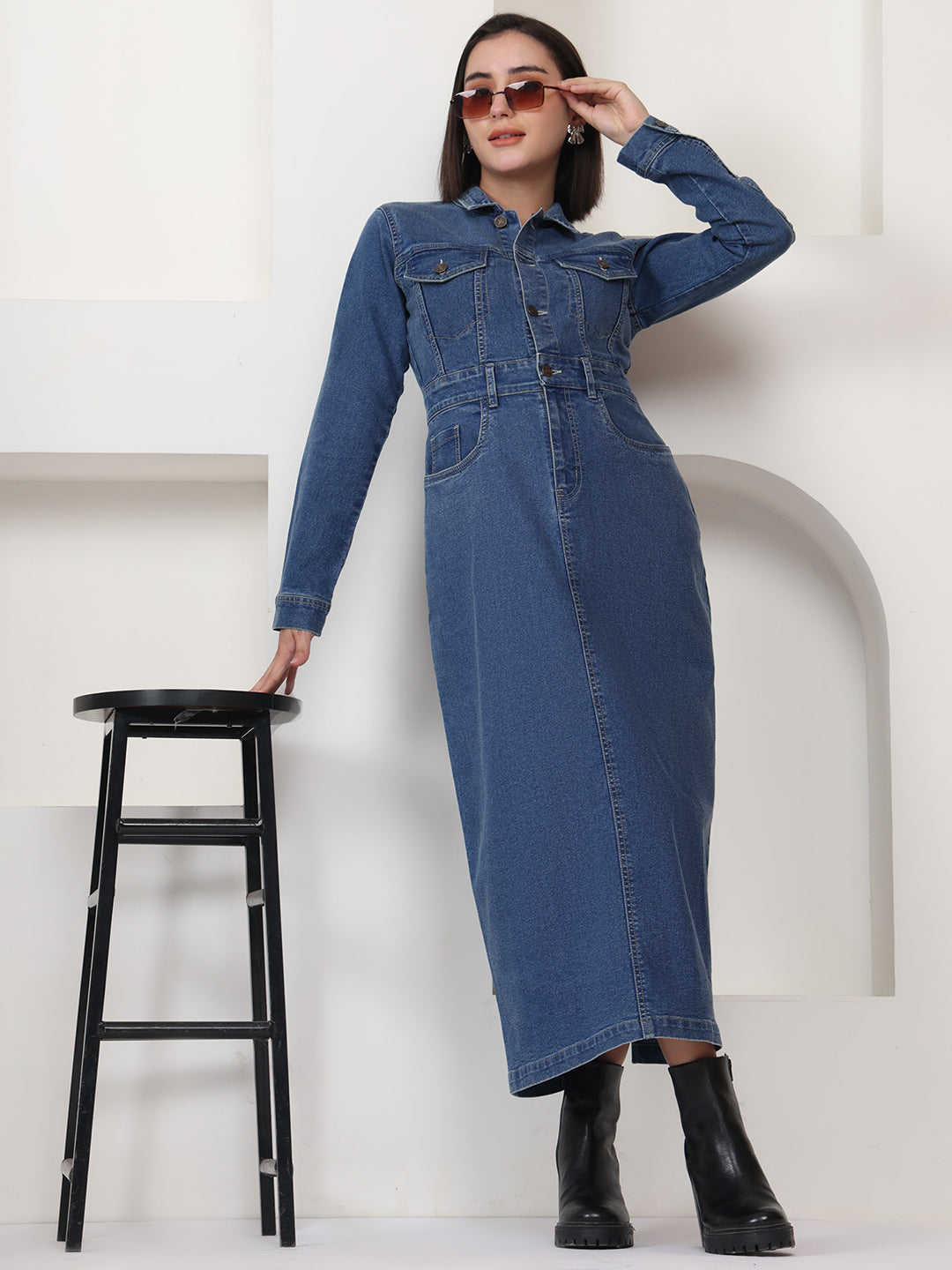 PUELLA Blue Solid Denim Sheath Maxi Dress