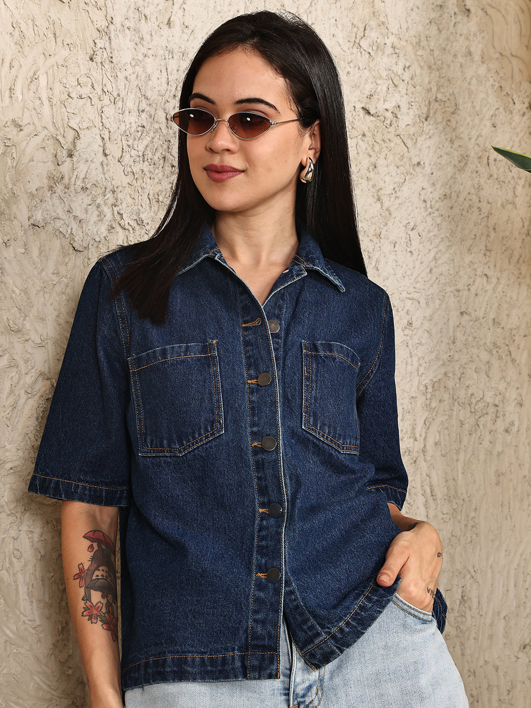 PUELLA Women’s Dark Blue Denim Shirt Top | Half Sleeve Button Down Casual Denim Shirt for Women