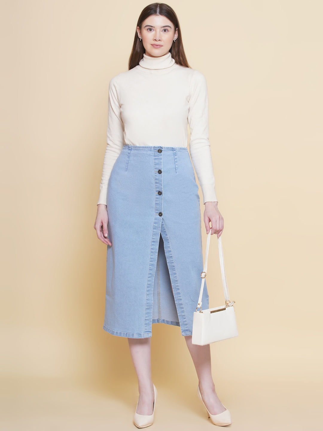 PUELLA Women’s Light Blue High-Rise Denim Midi Skirt