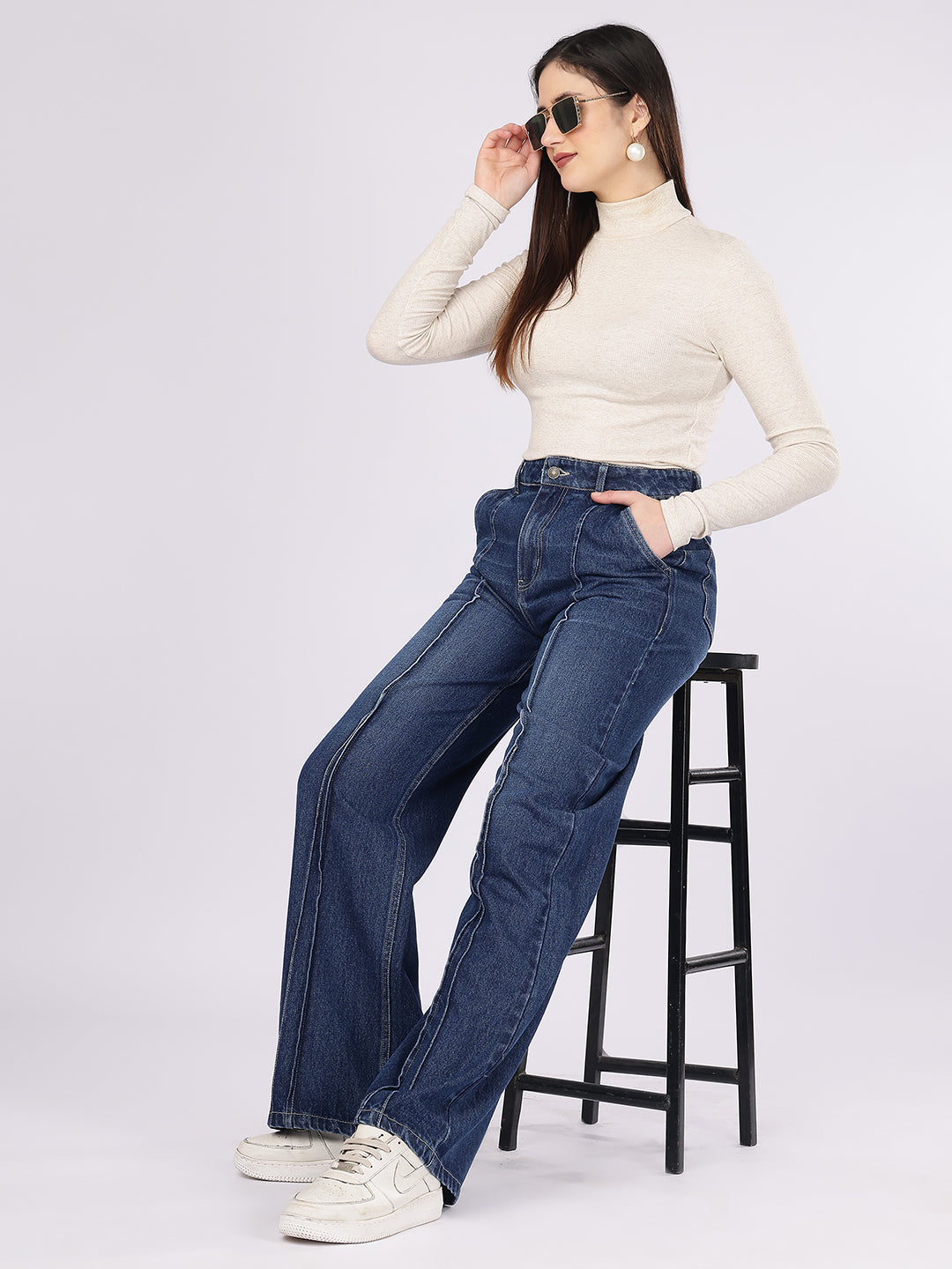 PUELLA Women's Dark Wash High-Rise Straight Fit Jeans with Front Seam Detail