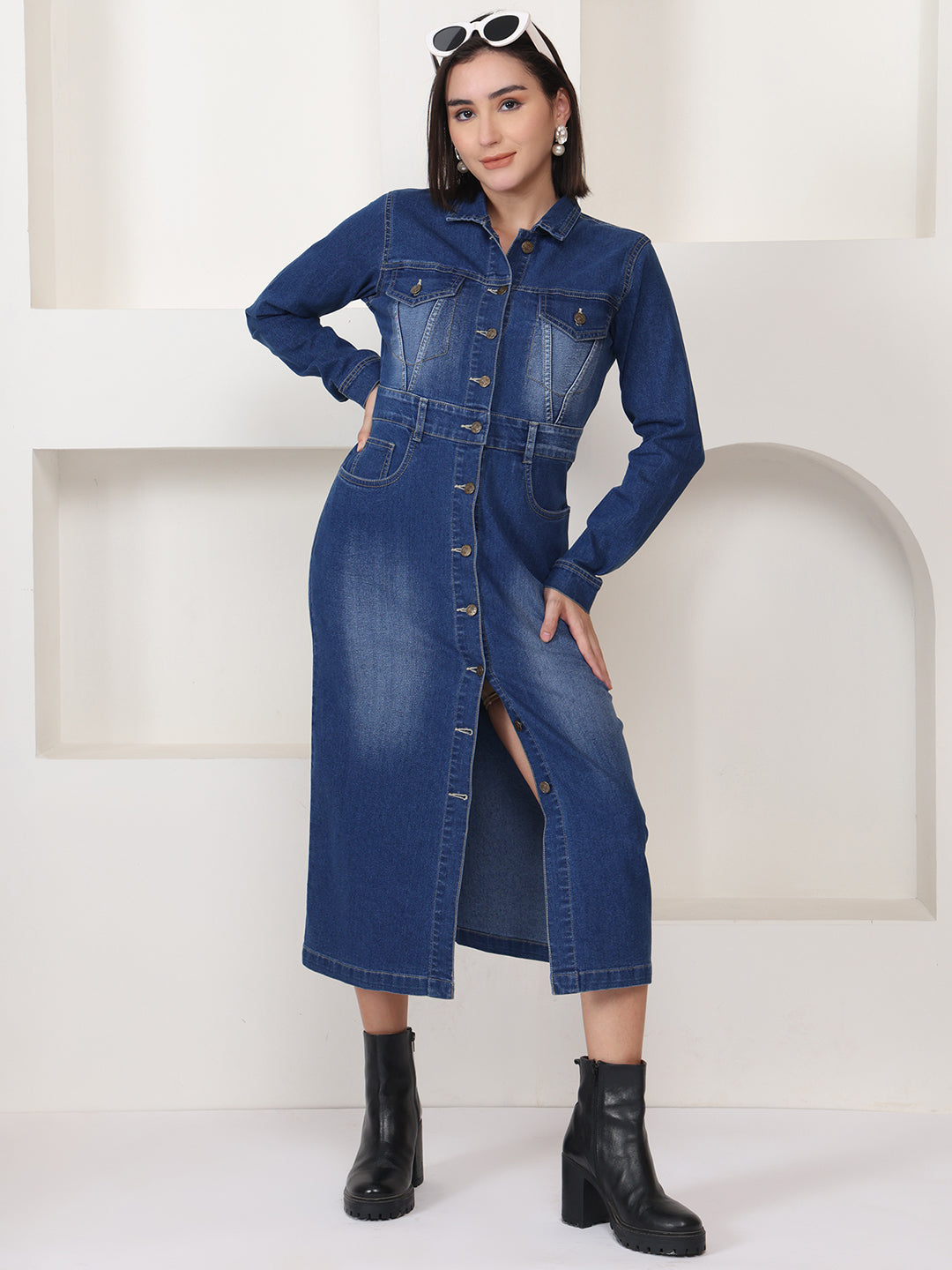PUELLA Blue Solid Denim Shirt Midi Dress