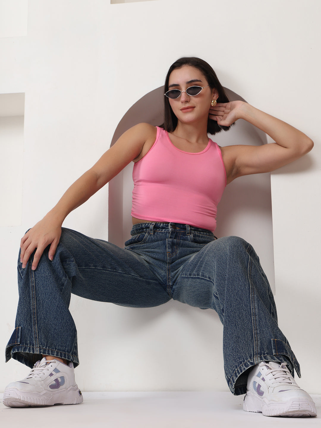 PUELLA Women Medium Blue Light-Fade High-Rise Baggy Cargo Jeans